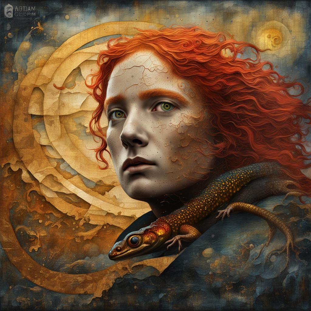 Salamander on Papyrus in Mixed Media Collage