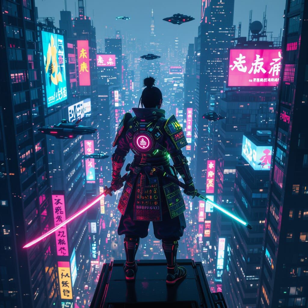 Cyberpunk Samurai Overlooking Neon Cityscape