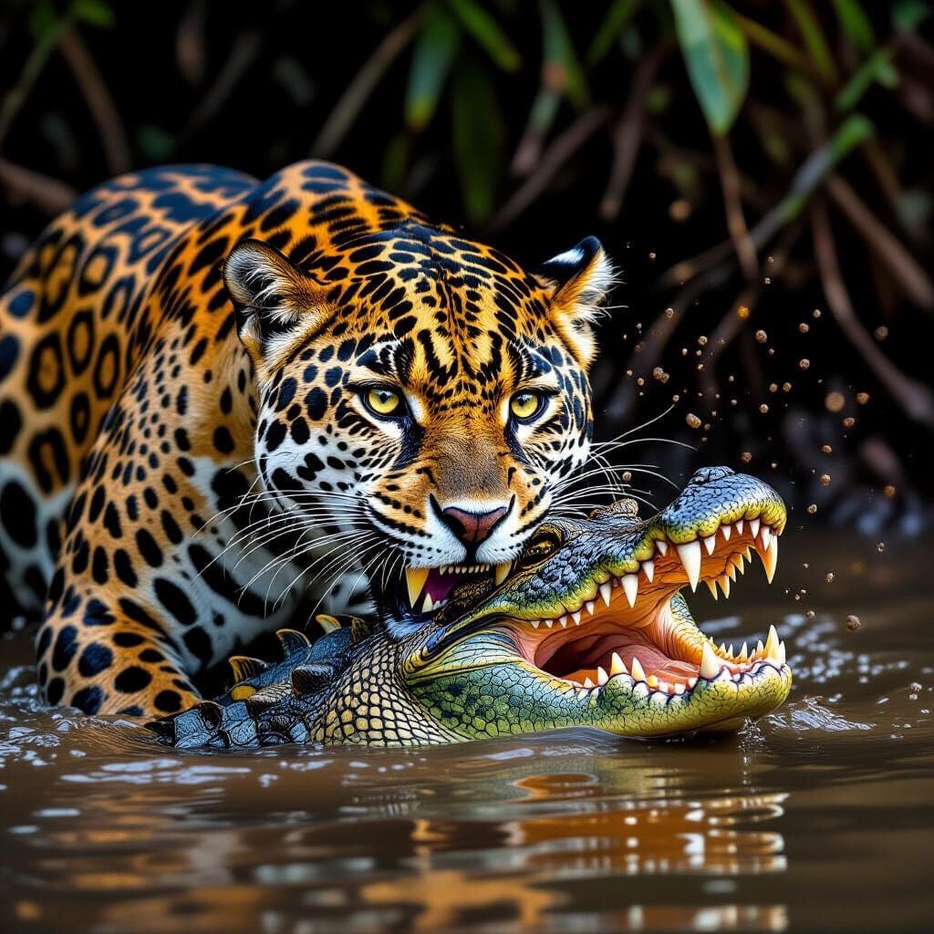 Jaguar's Ferocious Grip: Wildlife Scene