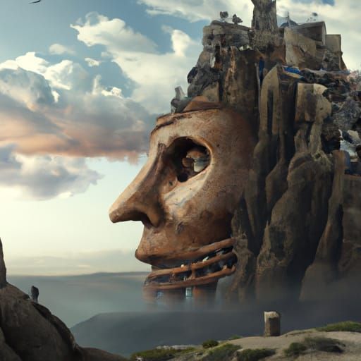 Surreal Landscape: Giant Head Statue with Castle