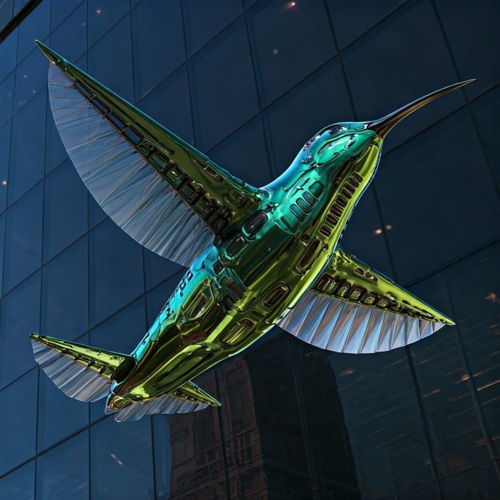 Raypunk Hummingbird Drone over Solarpunk Cityscape