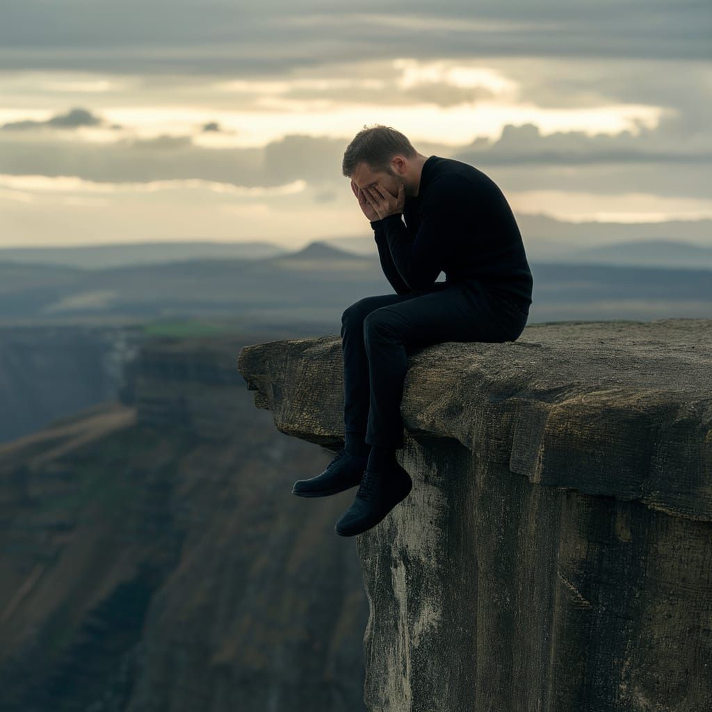 Pensive Man on Cliff Edge in Cinematic Style