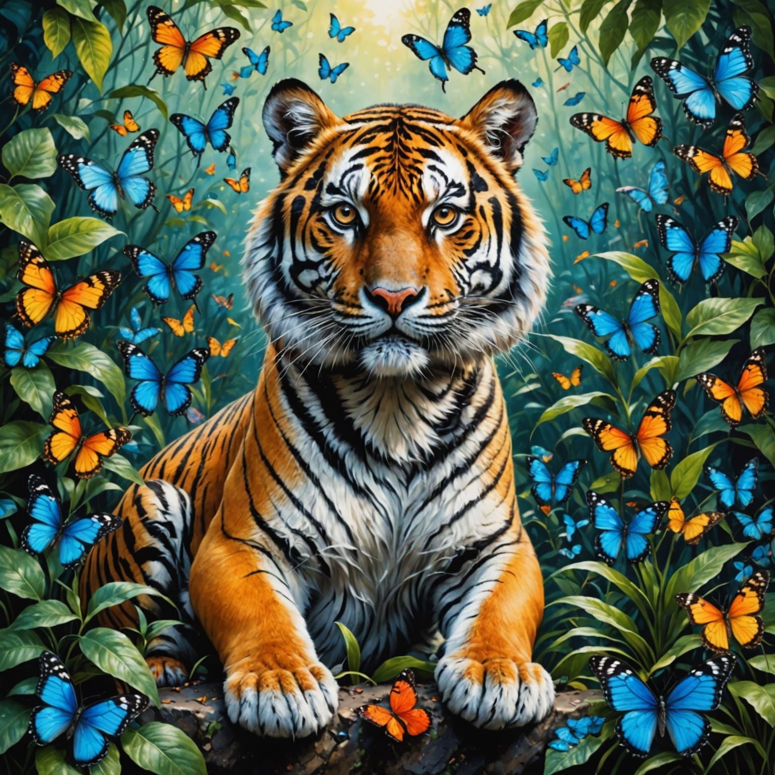 Vibrant Tiger Surrounded by Whimsical Blue Butterflies