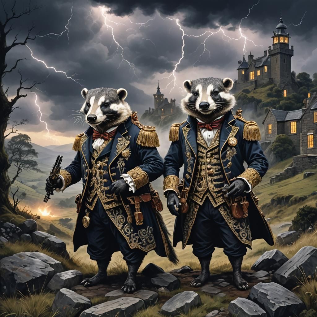 Ornate Badgers in 18th Century Landscape