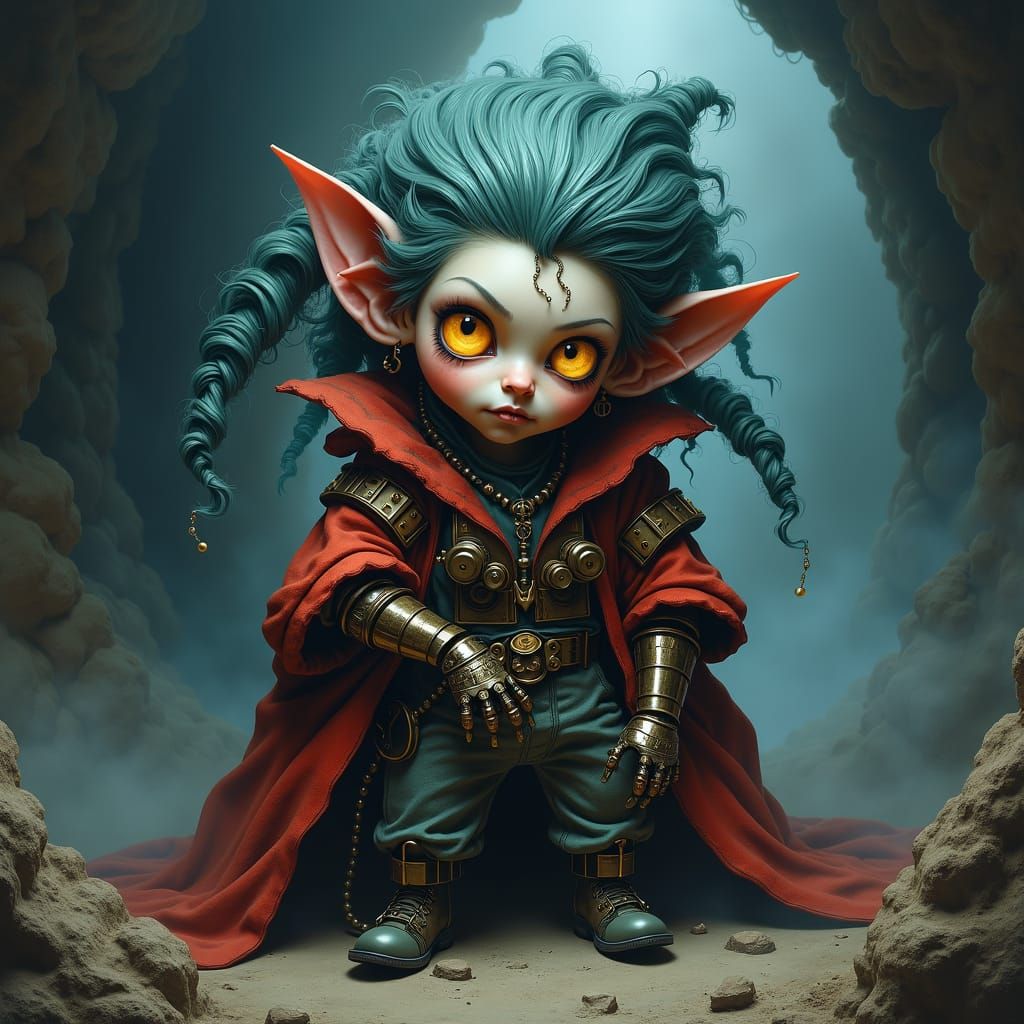 Scary Clockwork Cyborg Gnome in a Cosmic Cavern