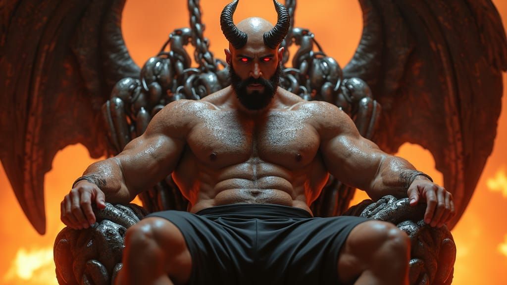 Robust Hero Sits on Metallic Throne with Demon Horns and Arc...