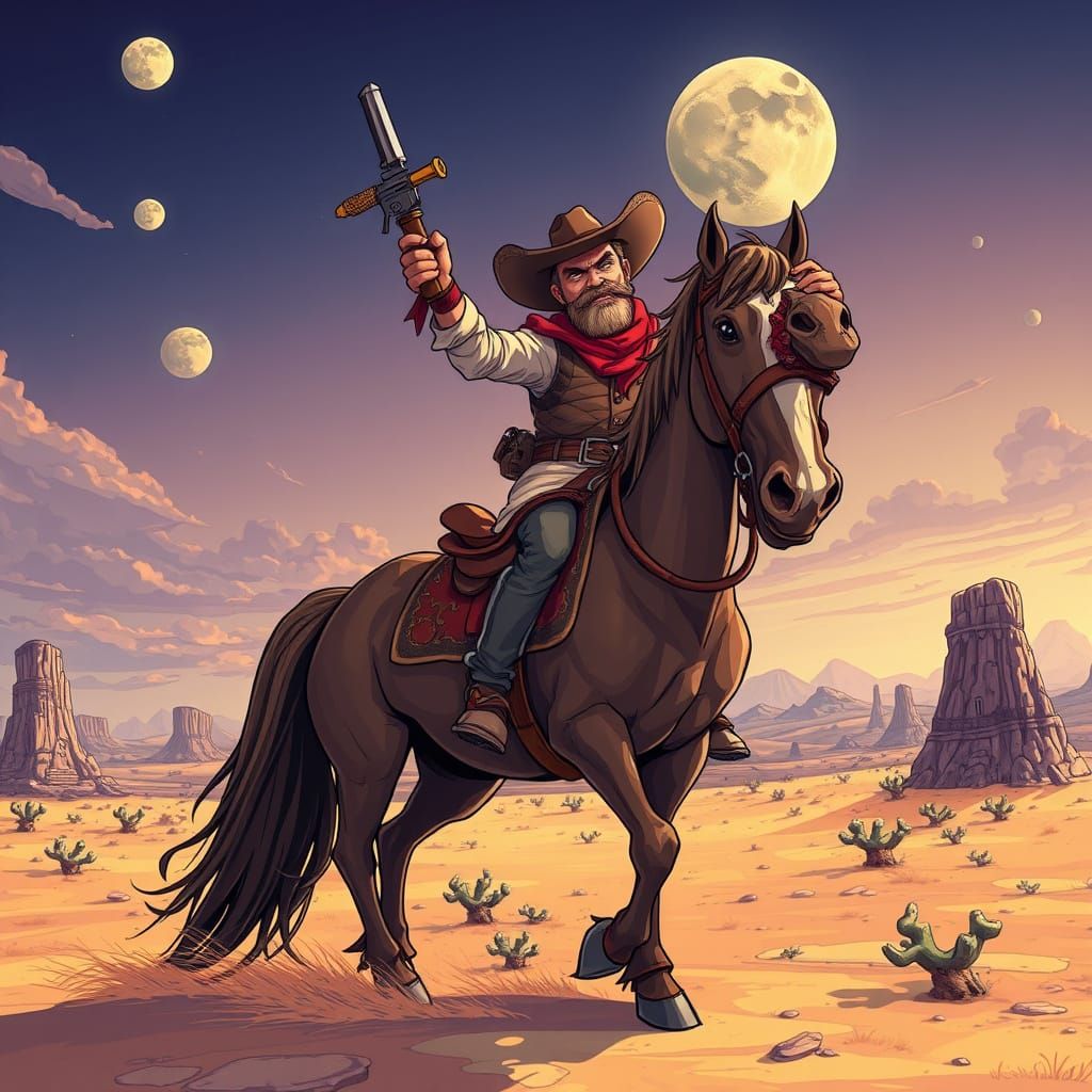 Psychedelic Cowboy and Horse in Hollows Plains