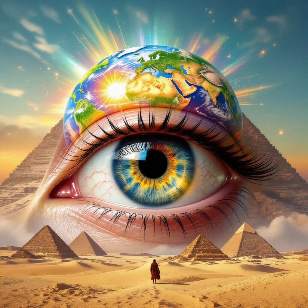 Surreal Giant Eye Reflecting Pyramids of Giza