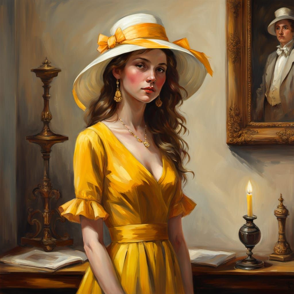 Elegant Woman in Yellow Dress and White Hat Oil Painting