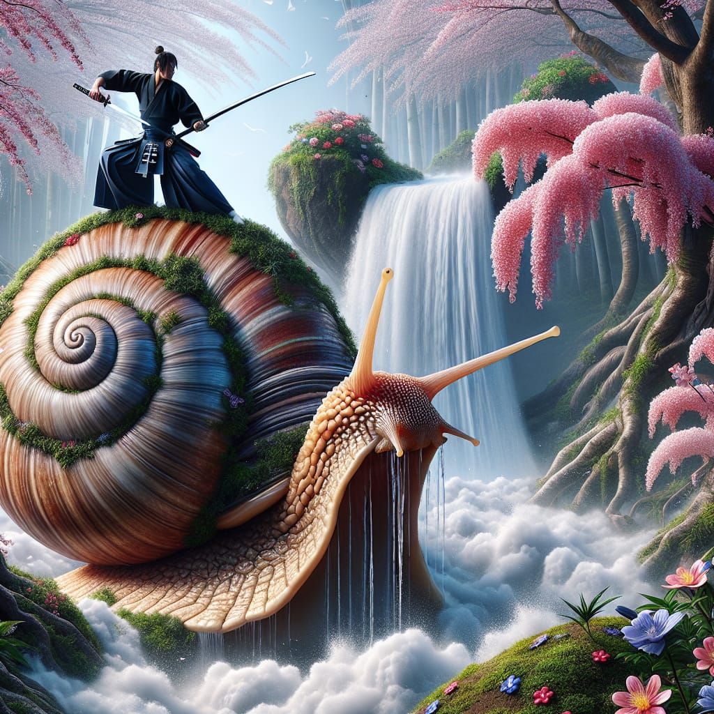 Kendo Master on Snail Shell with Cherry Blossom Tree