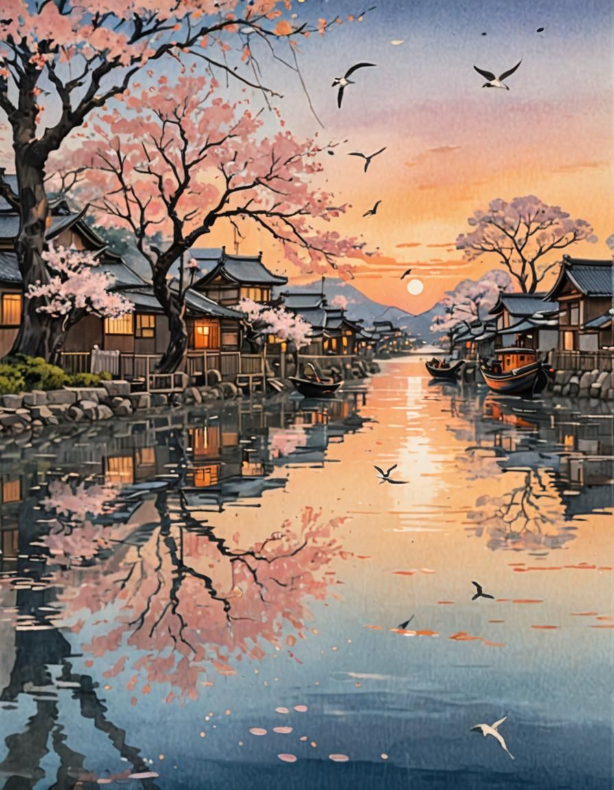 Japanese Fisherman at Sunset in Ukiyo-e Style