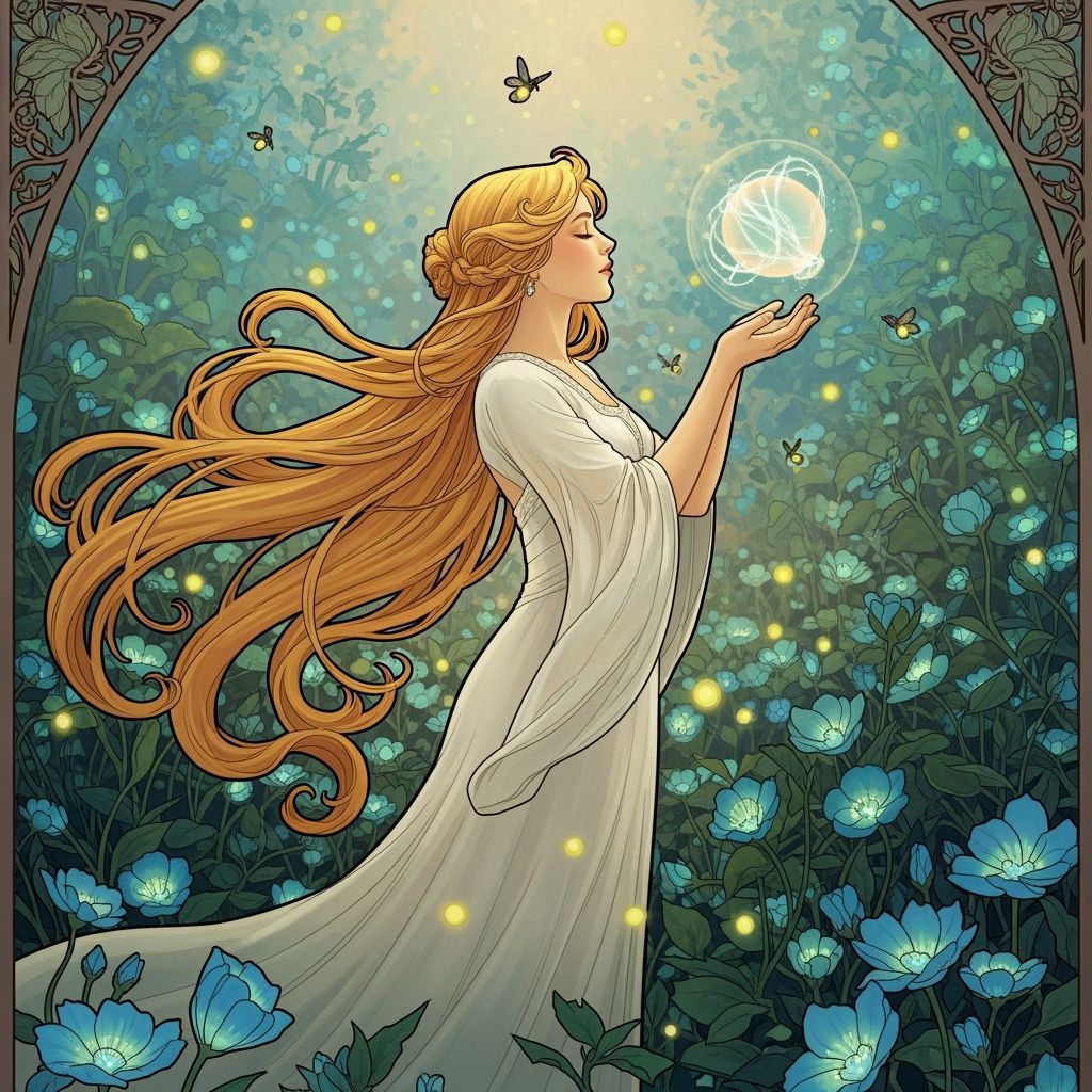 Bioluminescent Muse Touching Orb in Art Nouveau Style