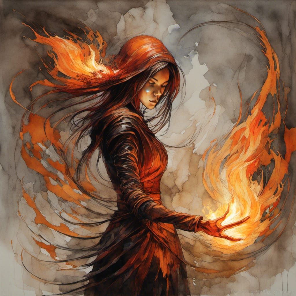 Epic Fire Mage Conjuring Flames in Watercolor