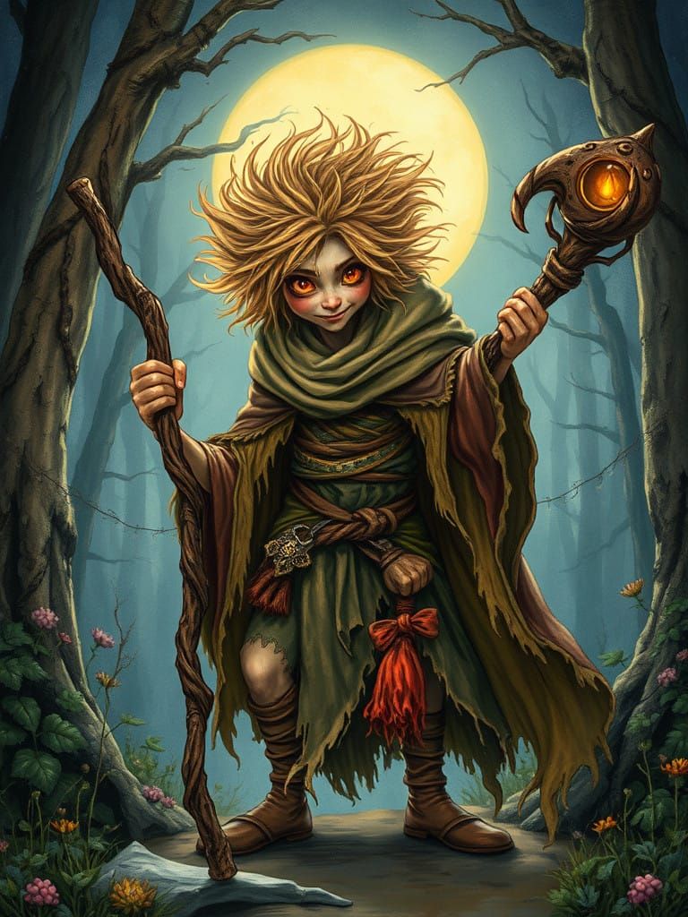 Whimsical Fae Trickster Amidst Moonlit Forest
