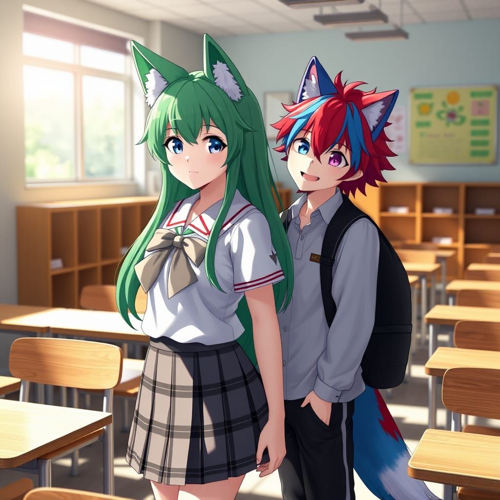Anime Students with Wolf Features in Classroom