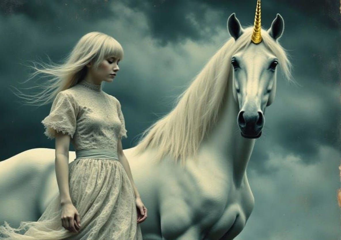 Goth Princess and Unicorn in Stormy Fantasy Landscape