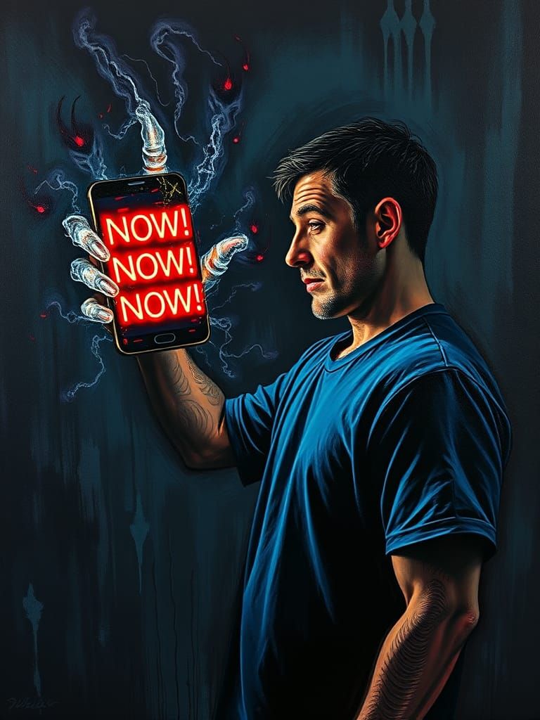 Demonic Smartphone Beckons in Expressionist Horror Scene