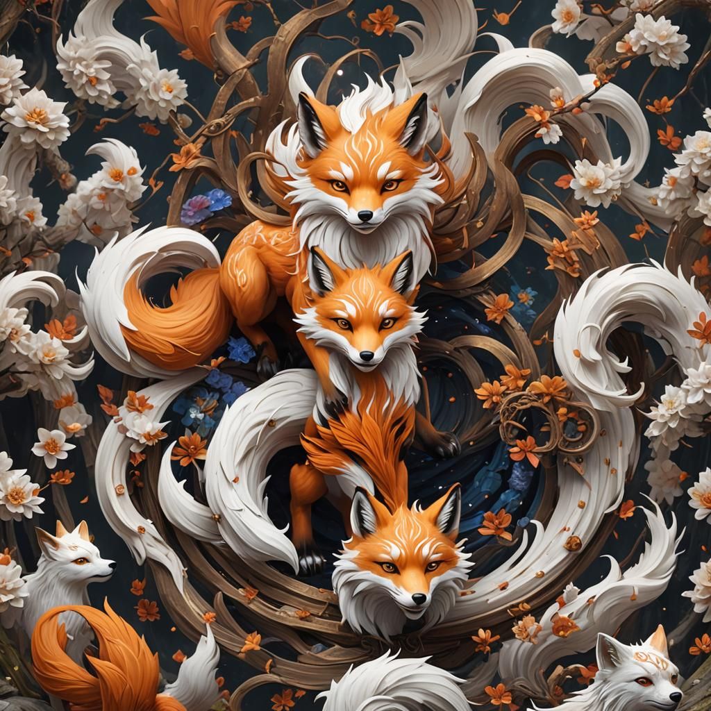Nine-Tailed Fox with White Eyes: Fantasy Art