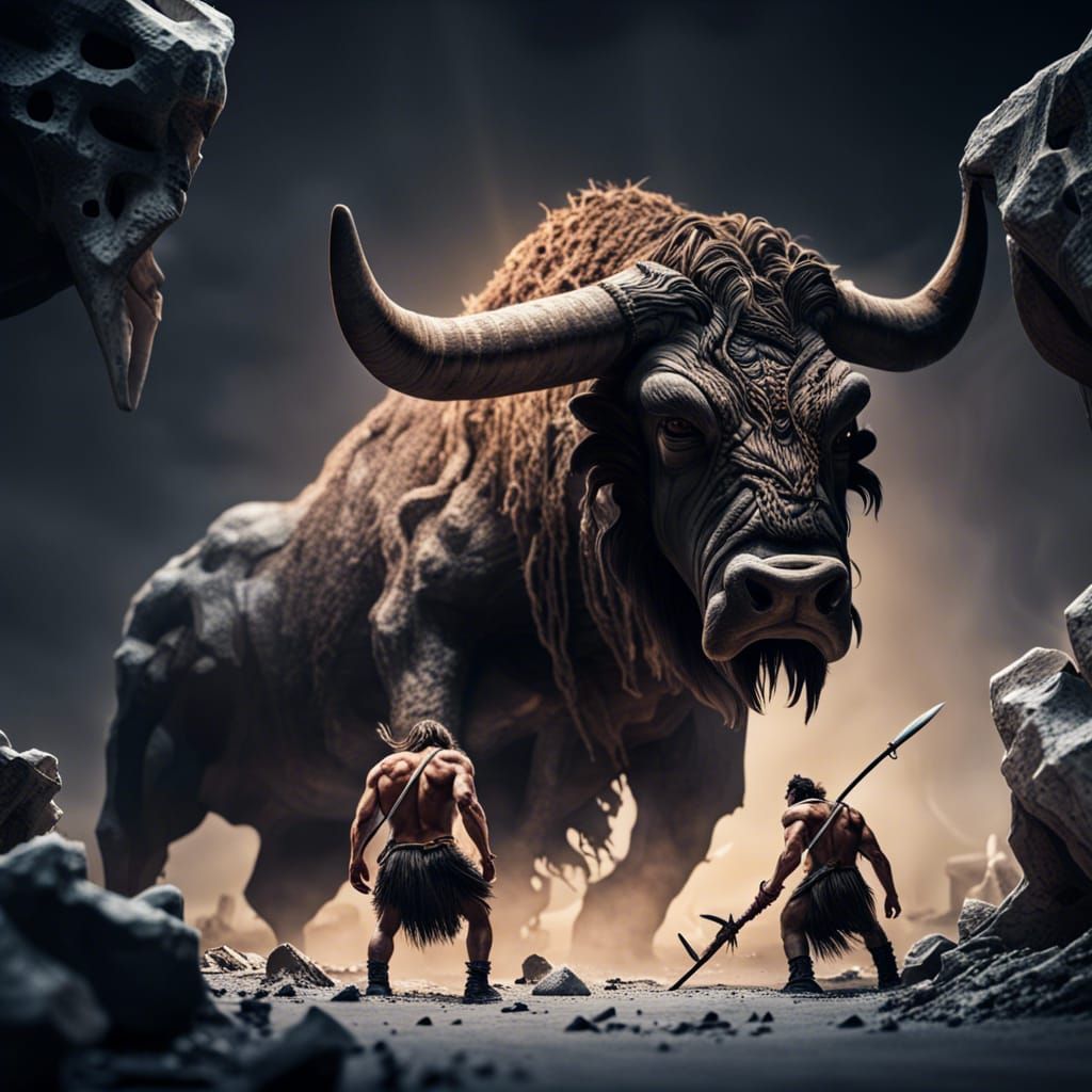 Cavemen Hunt Giant Auroch in Hyperrealistic Style