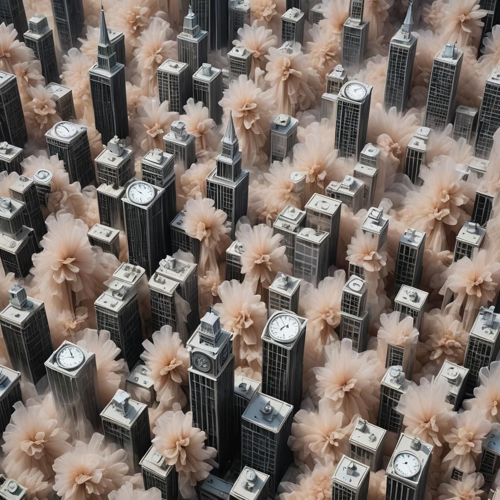 Surreal Tulle Clock Skyscrapers in Dreamlike Cityscape
