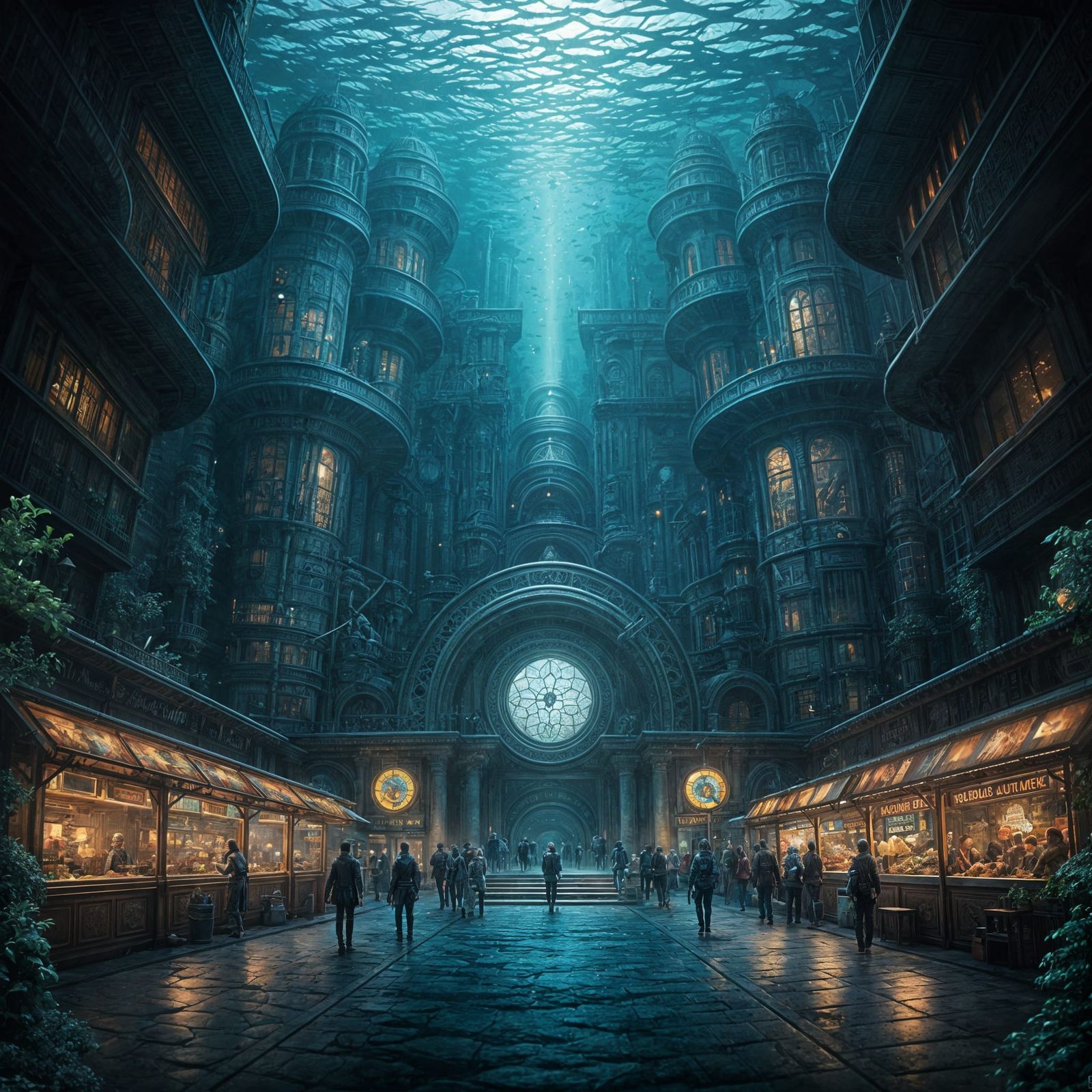 Futuristic Atlantis Underwater Market in Hyperrealistic Styl...