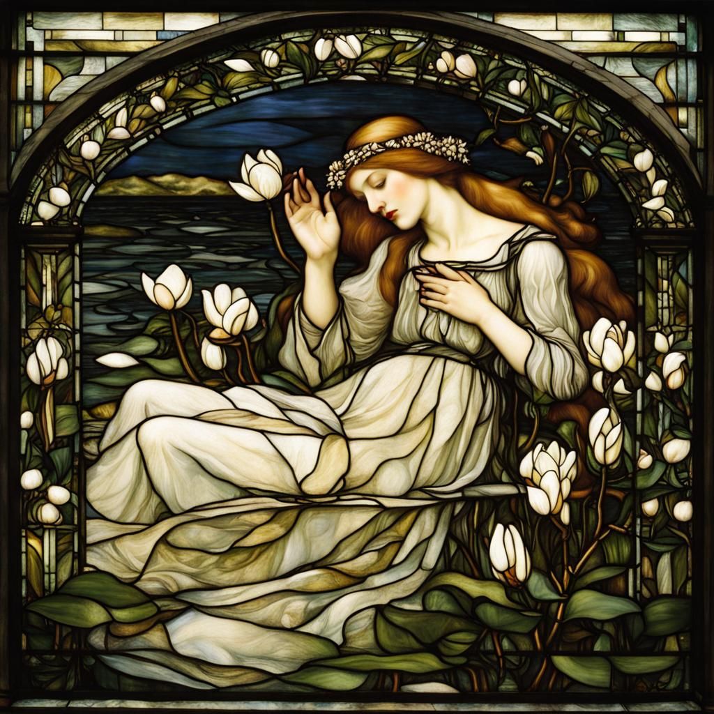 Ophelia Drowning Among Magnolias in Stained Glass
