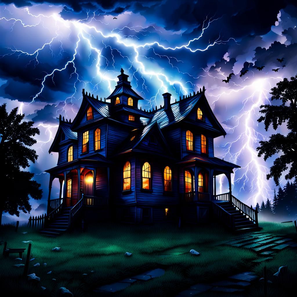 Haunted House with Ghost in Lightning Storm