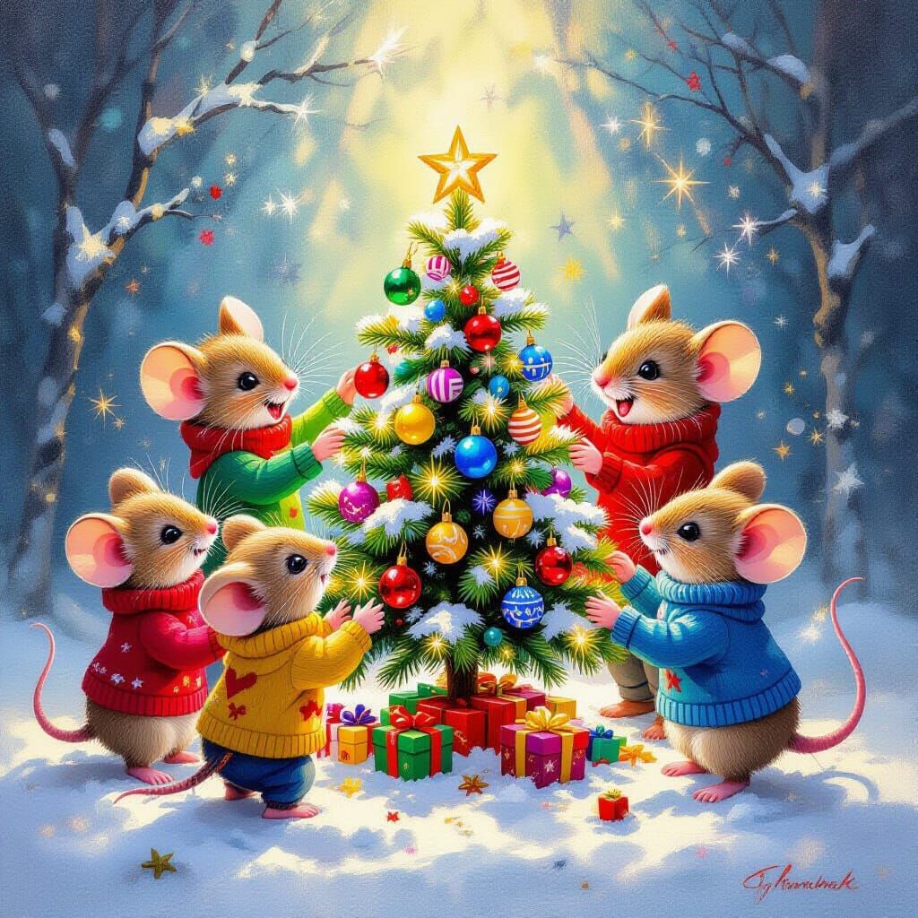 Mice Family Decorating Christmas Tree in Graffiti Style