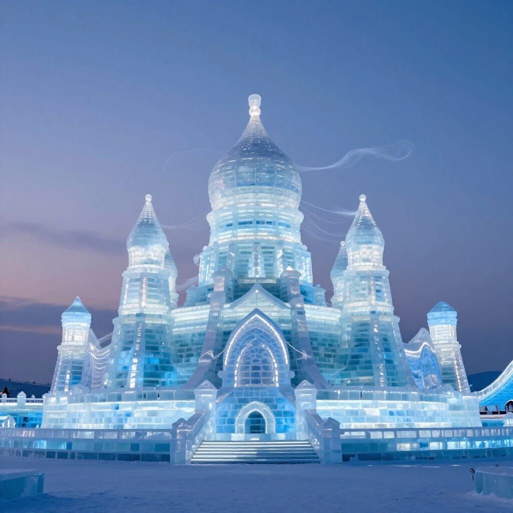 Ethereal Ice Palace in Surrealist Twilight