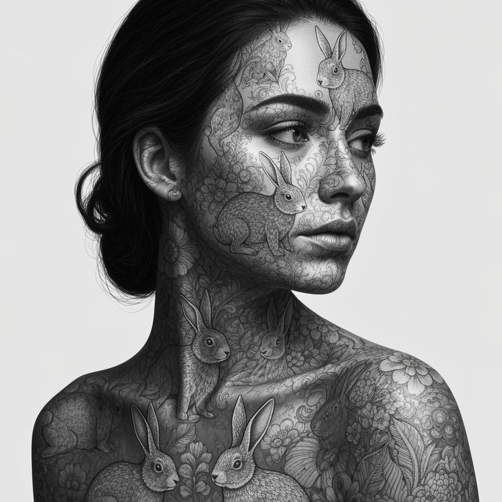 Monochromatic Rabbit Patterns Adorn Thoughtful Woman Portrai...
