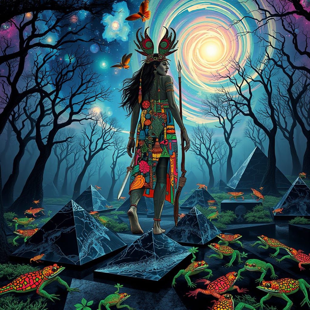 Surreal Woman Walking on Pyramids in Bio-Art Collage