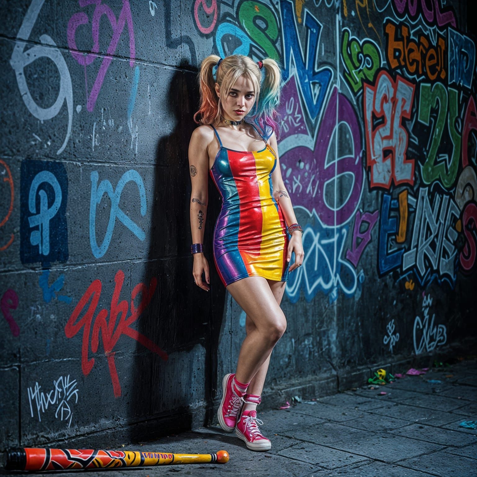 Hyperrealistic Harley Quinn in Neon Graffiti Alley