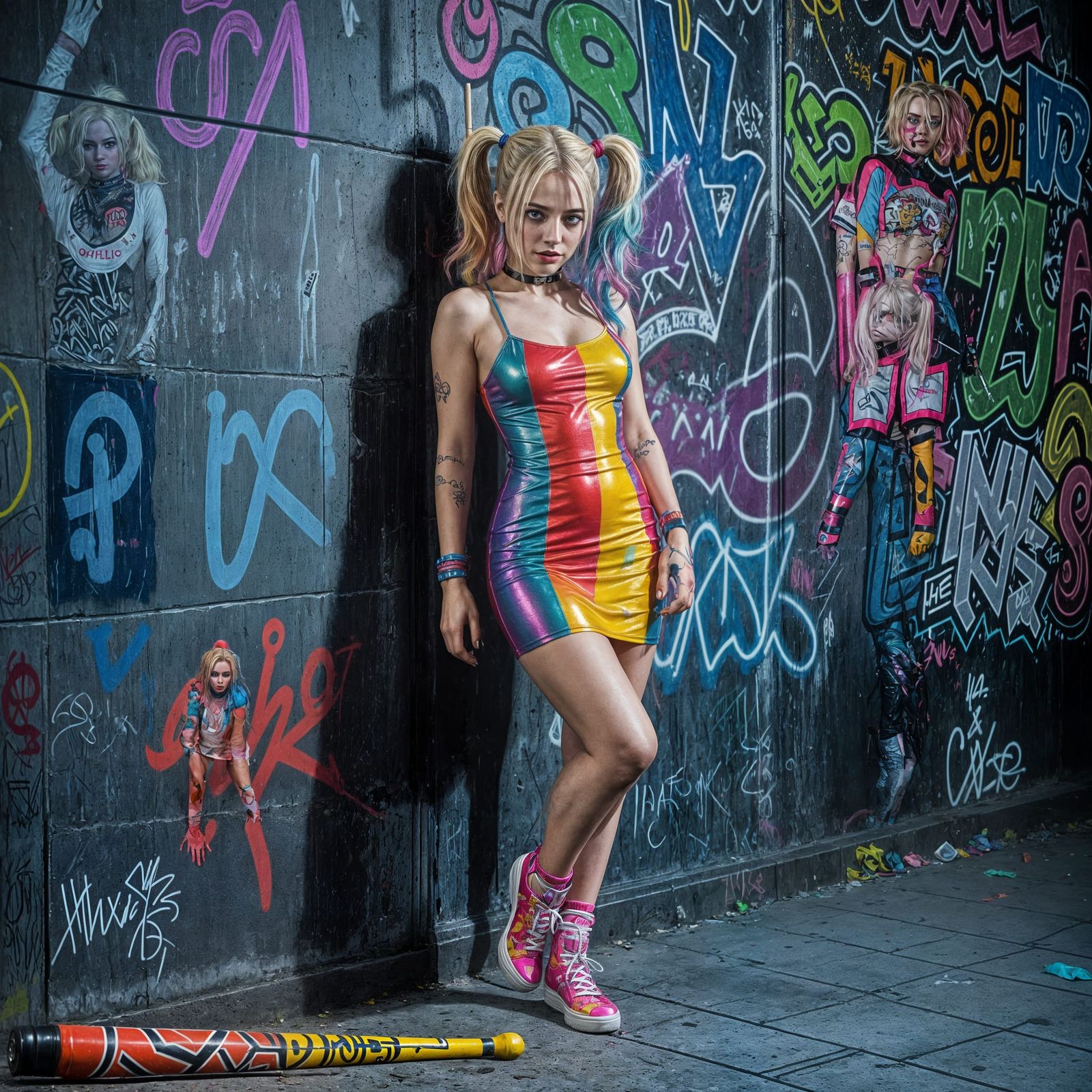 Hyperrealistic Harley Quinn in Neon Graffiti Scene