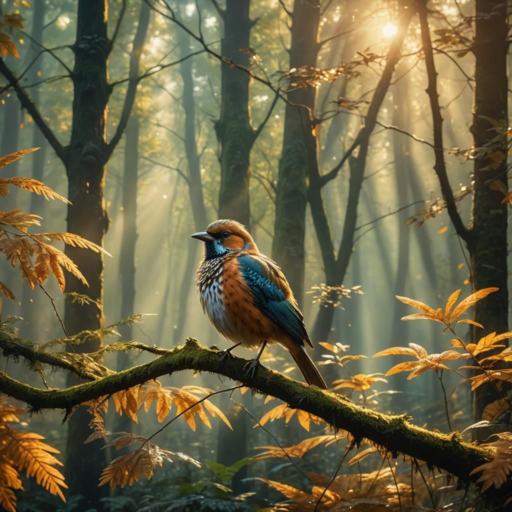 Beautiful Bird Shines in Misty Forest: Fantasy Art