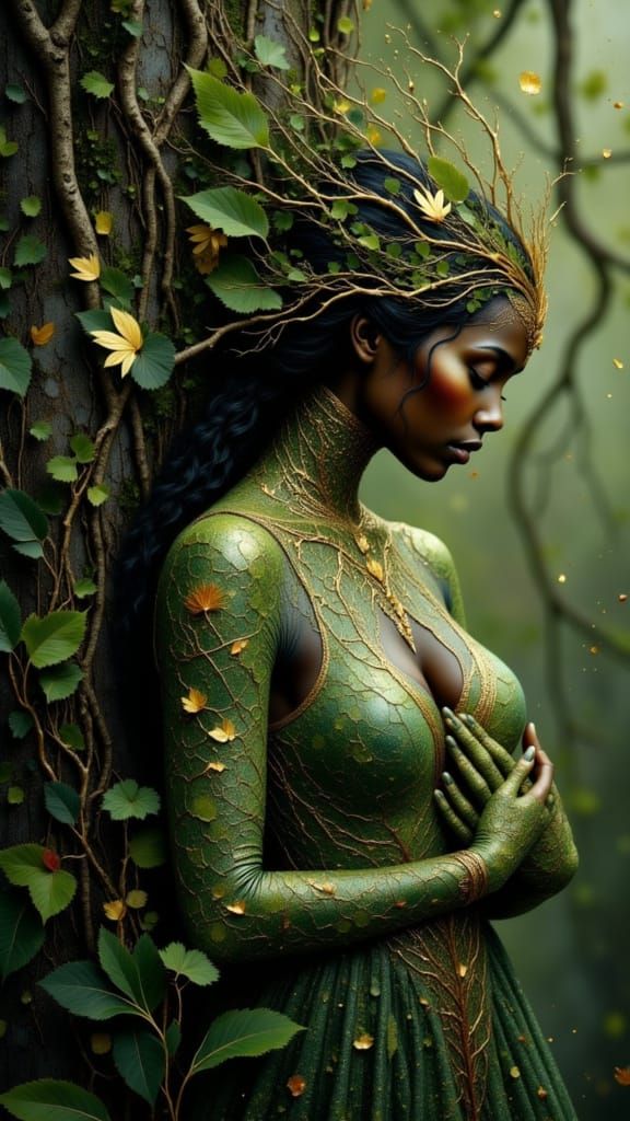 Ethereal Mother Nature Holding Child in Enchanted Forest