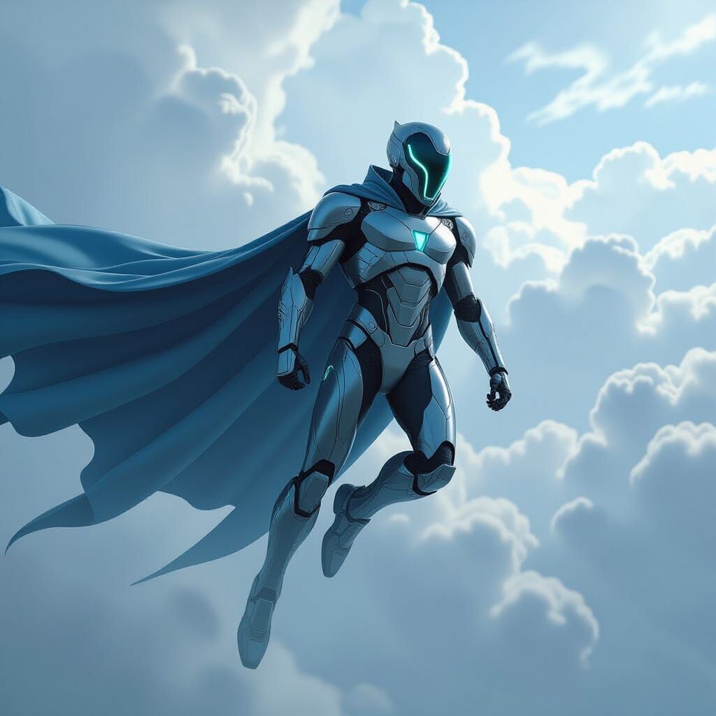 Cyberpunk Superhero Soars Through Stormy Skies