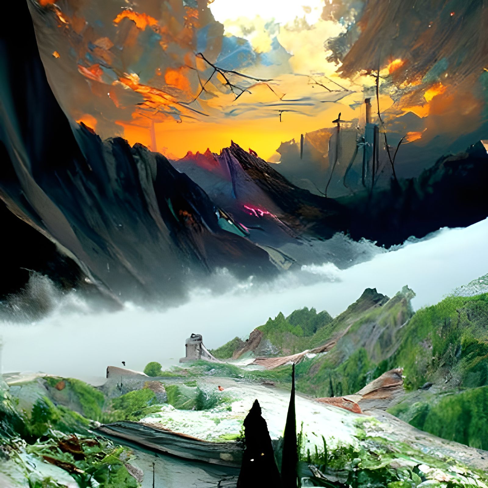 Sunset Over Dark Ravine: A Sci-Fi Fantasy Landscape