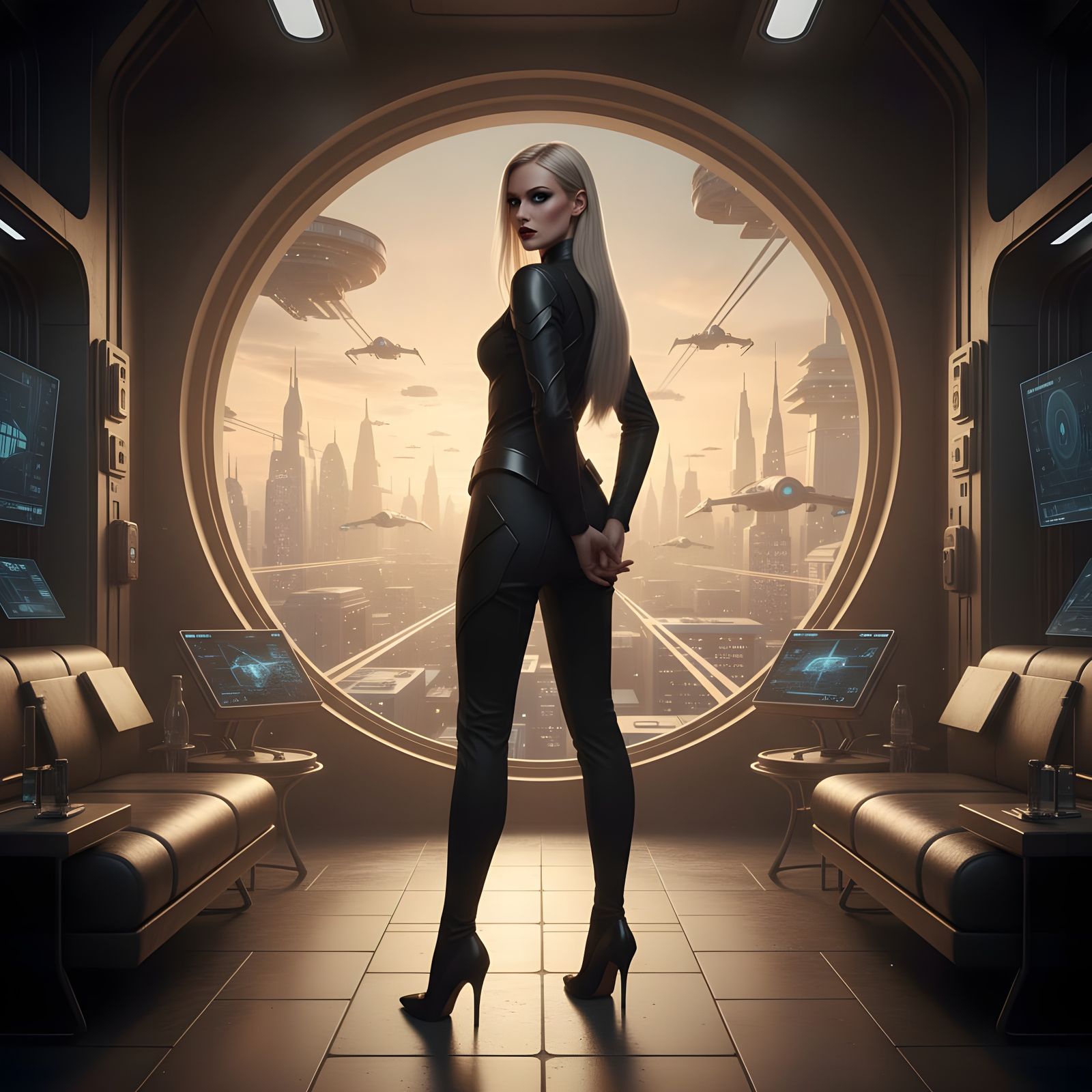 Sci-Fi Woman Oversees Futuristic City at Sunrise