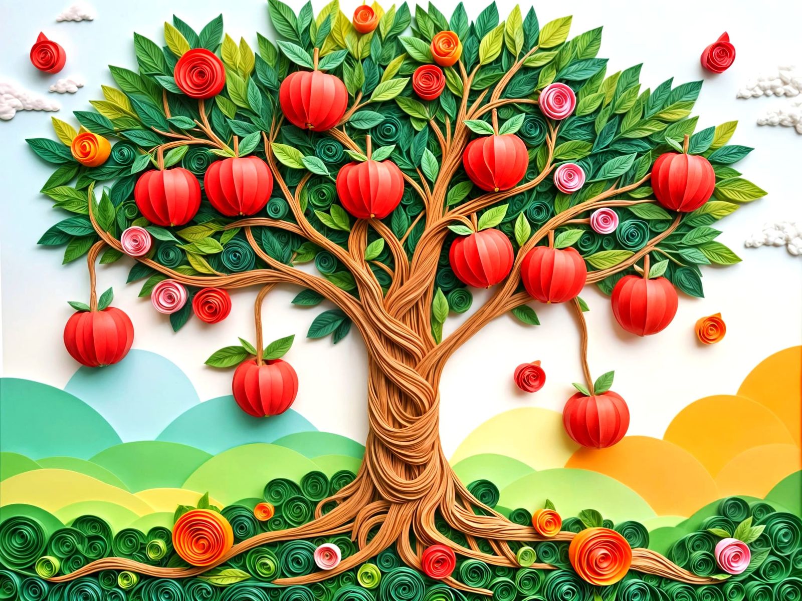 Serene Paper Quilling Apple Tree in Vibrant Colors