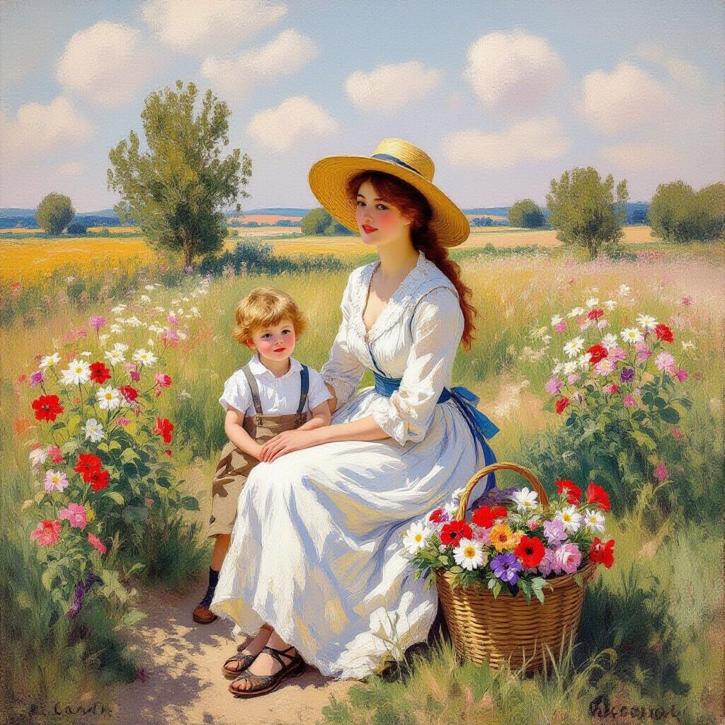 Redhead in Field as Impressionist Painting