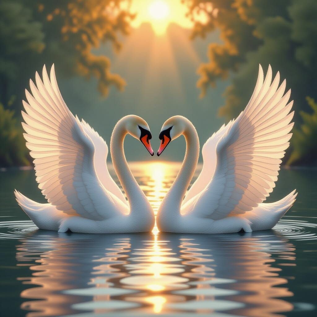 Swans Forming Heart Contour in Hyperrealistic Painting