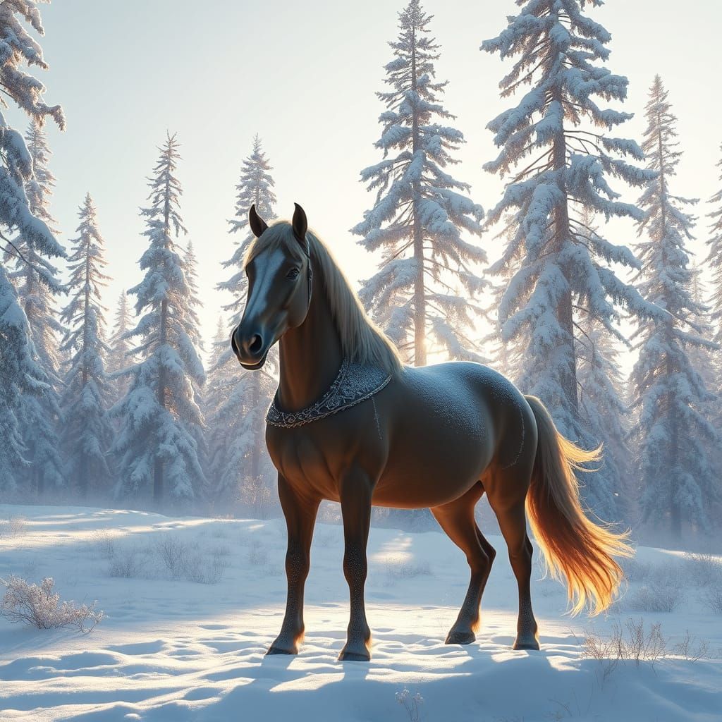 Majestic Finnish Horse in Snowy Forest Landscape