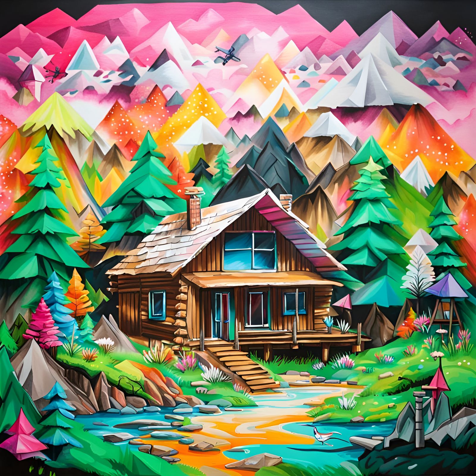 Origami Log Cabin in Mountain Forest
