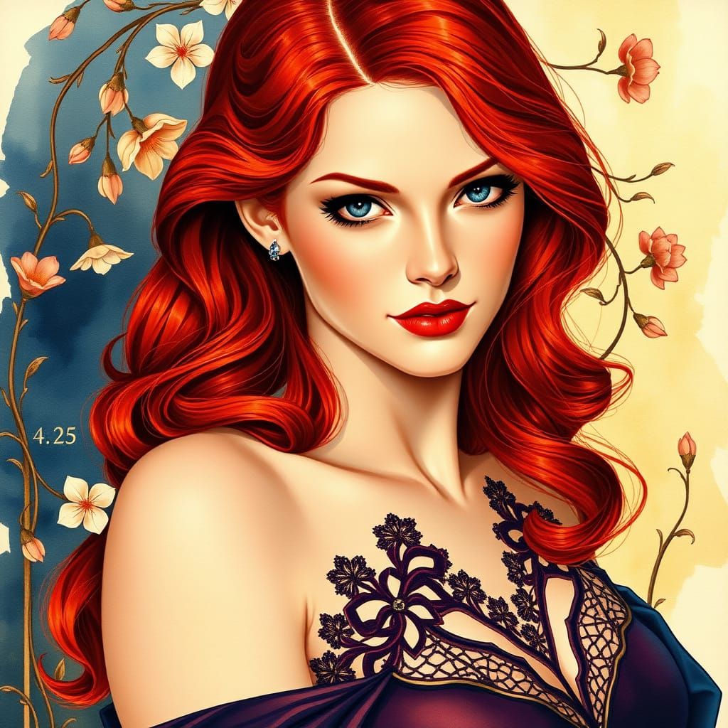 Glamorous Art Nouveau Beauty in Jewel-Toned Evening Gown