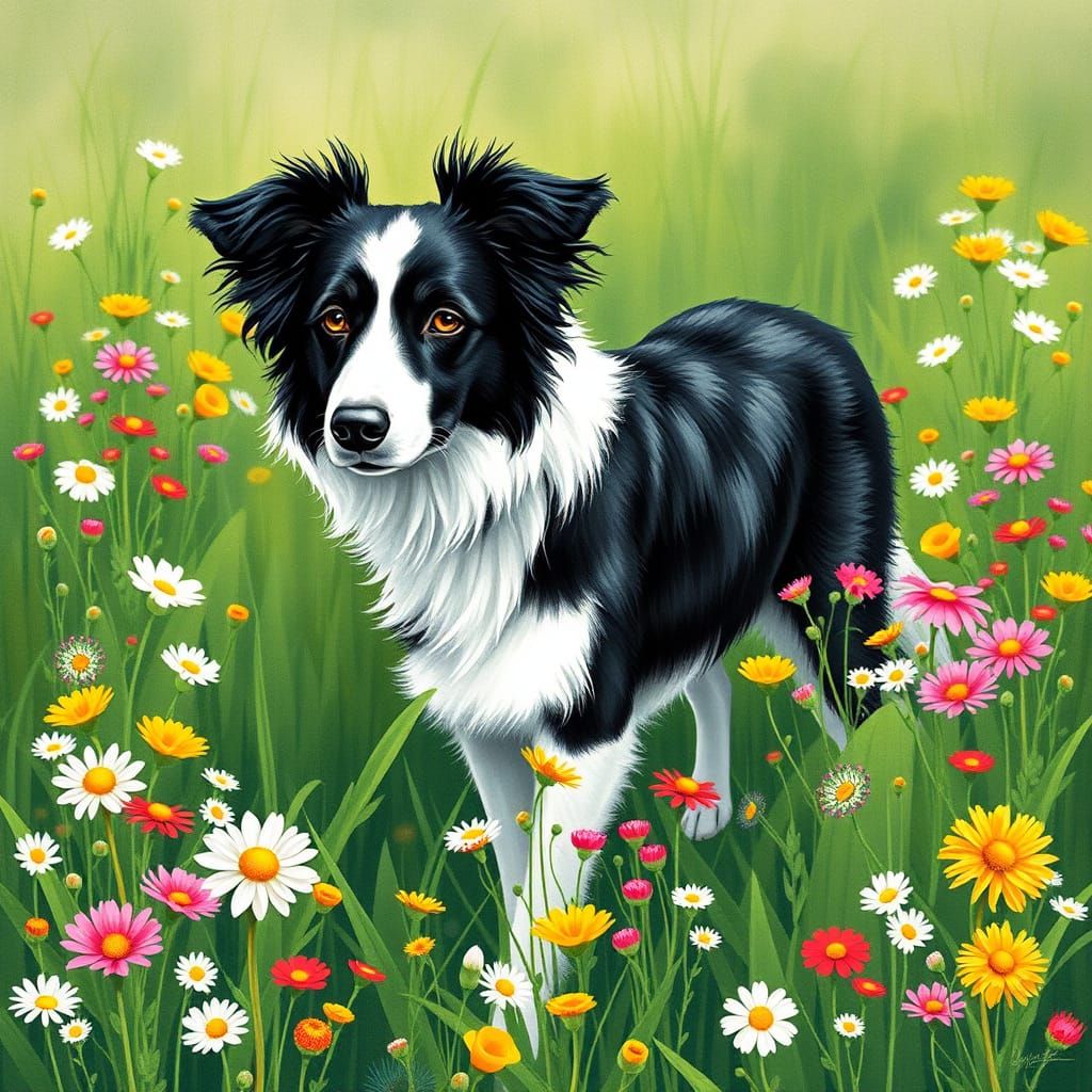 Vibrant Border Collie in Whimsical Tartan Tartan Meadow