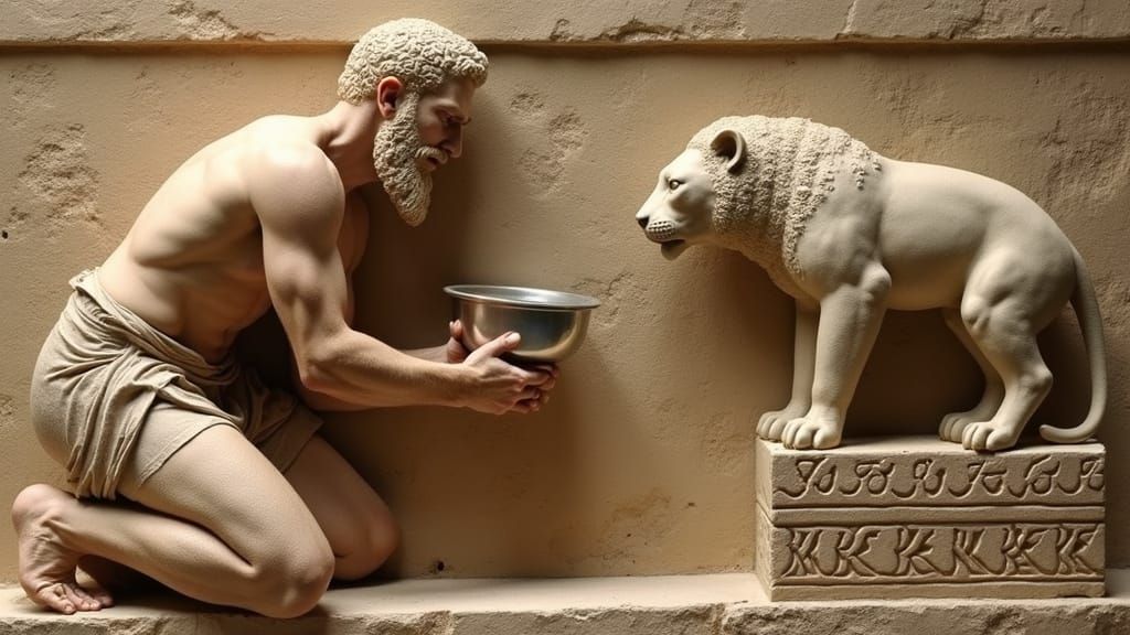 Humorous Babylonian Relief: Feeding a Demigod Cat