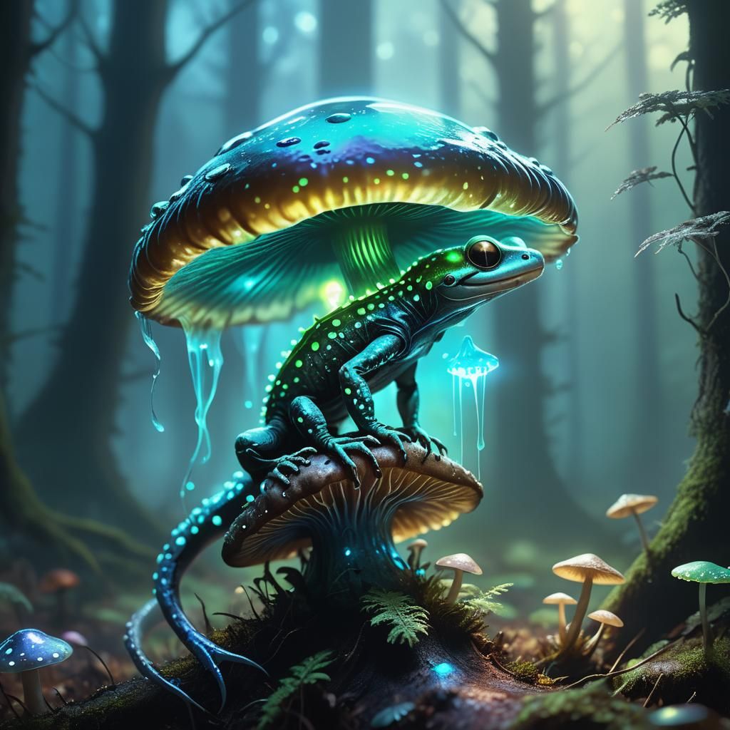 Flying Salamander Alien on Glowing Mushroom, Digital Art
