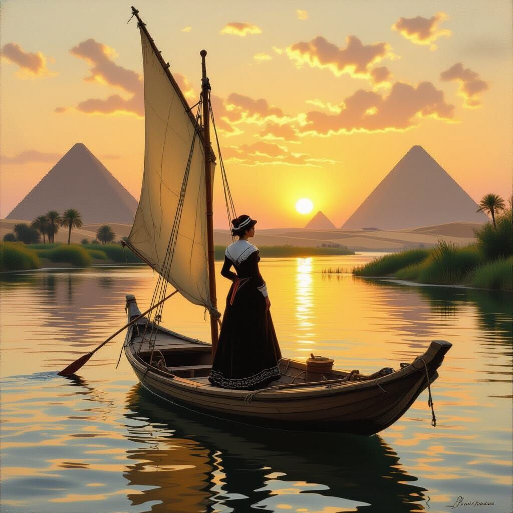 Victorian Woman on Nile River Felucca at Sunset