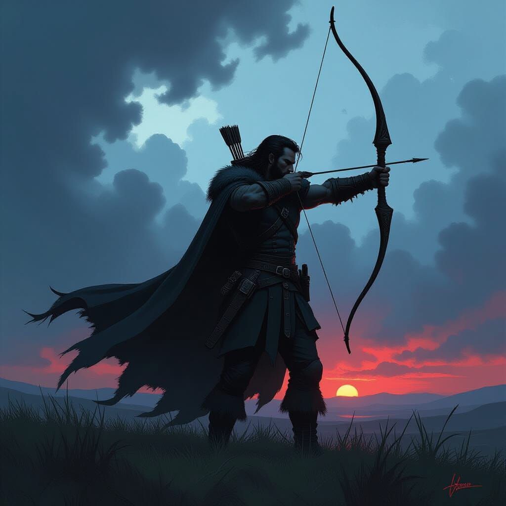 Lone Hunter in Stormy Wilderness, Neo-Noir Concept Art