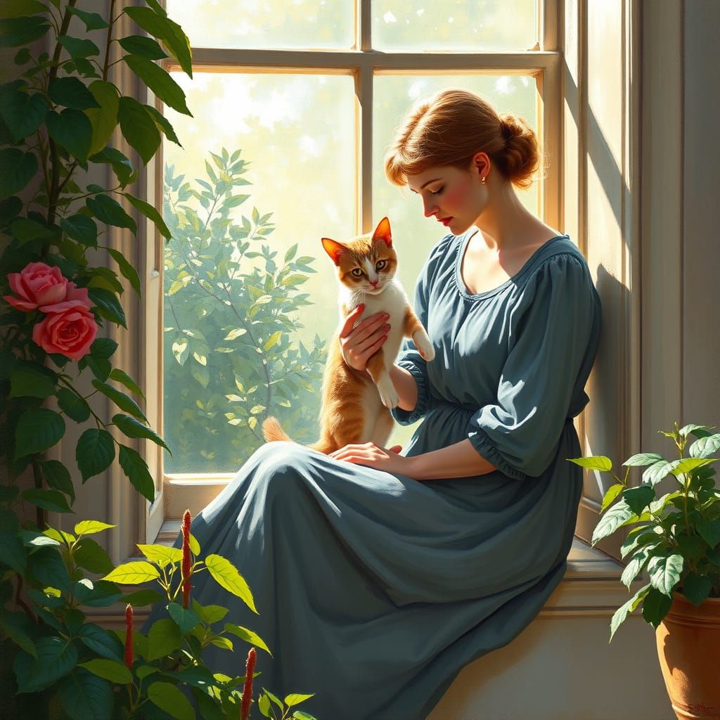 Woman in Impressionist Garden Scene with Cat